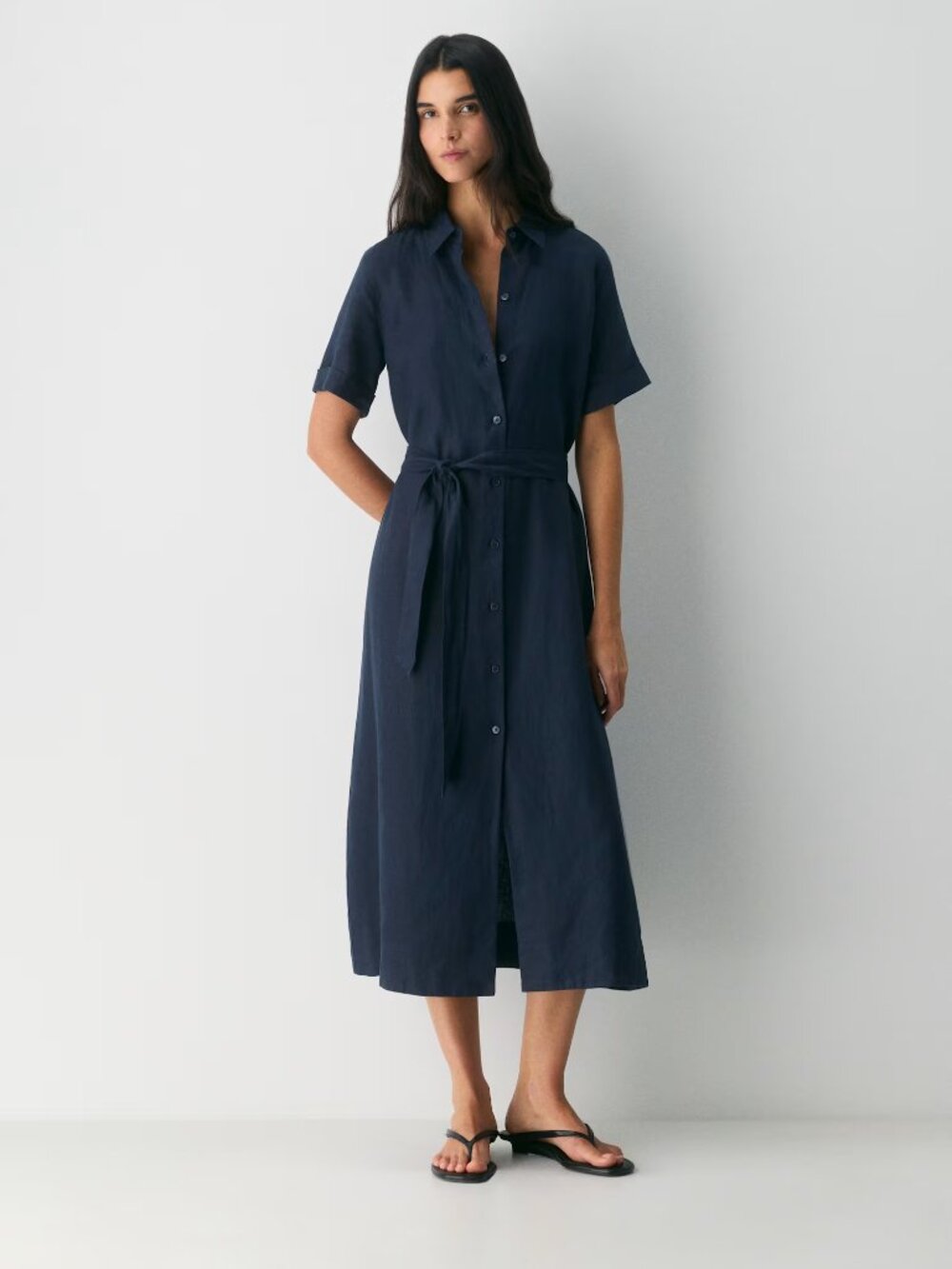 Aritzia Wilfred Eleta Linen Belted Button Front Tie Point Collar Midi Maxi Dress